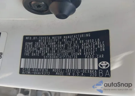2015 Toyota Corolla Le from USA, damaged, VIN 5YFBURHE4FP226736
